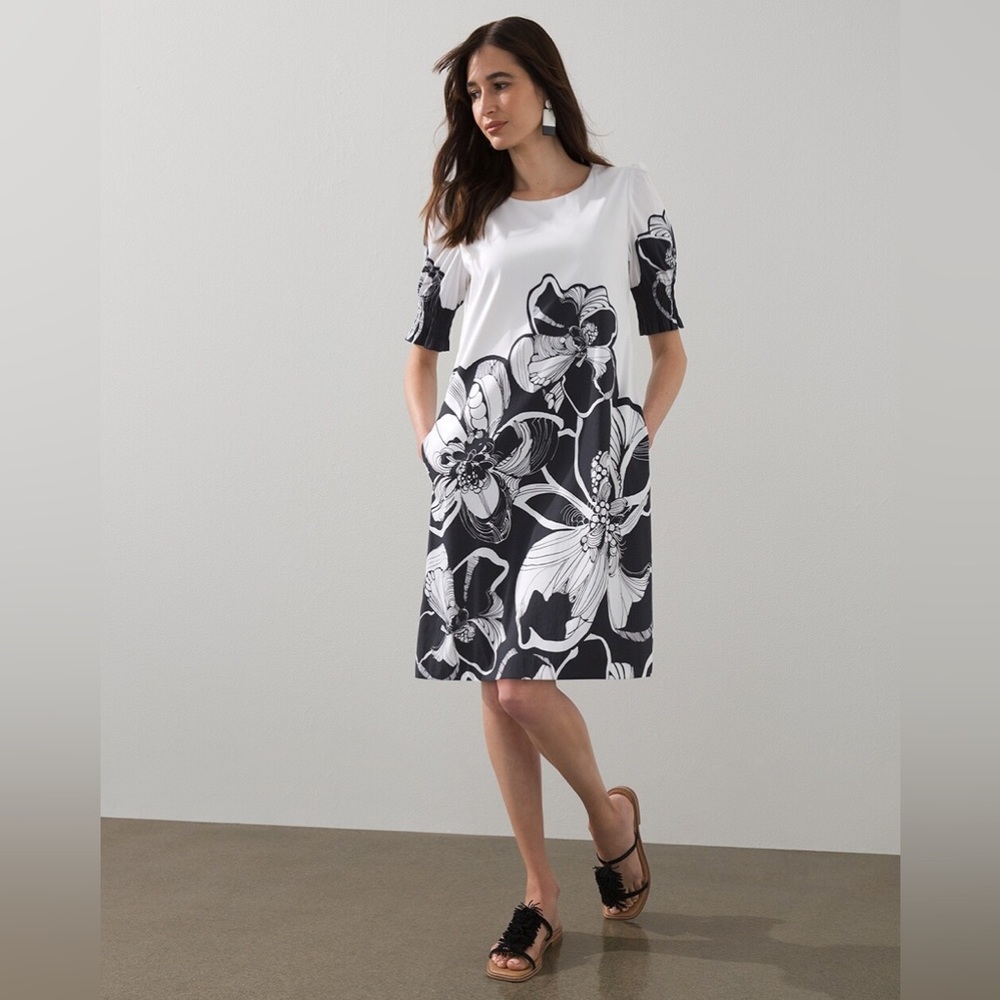 CHICOS - Smocked Puff Sleeve Short Dress (White with Black Floral, CHICO SIZE 1)